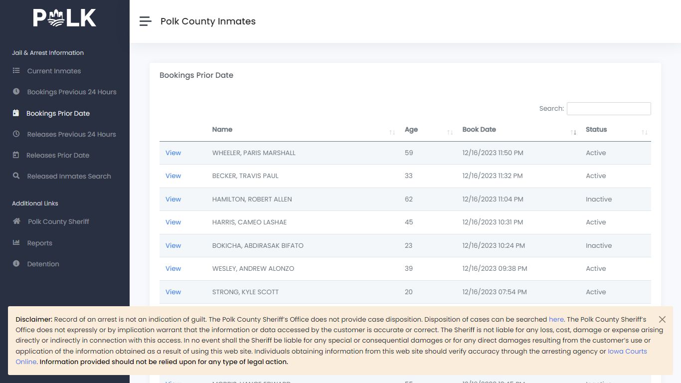 Bookings Prior Date - Polk Inmates - Polk County Iowa
